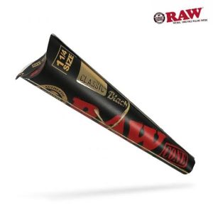 raw black 1.25 pre-rolled cones in black branded packaging